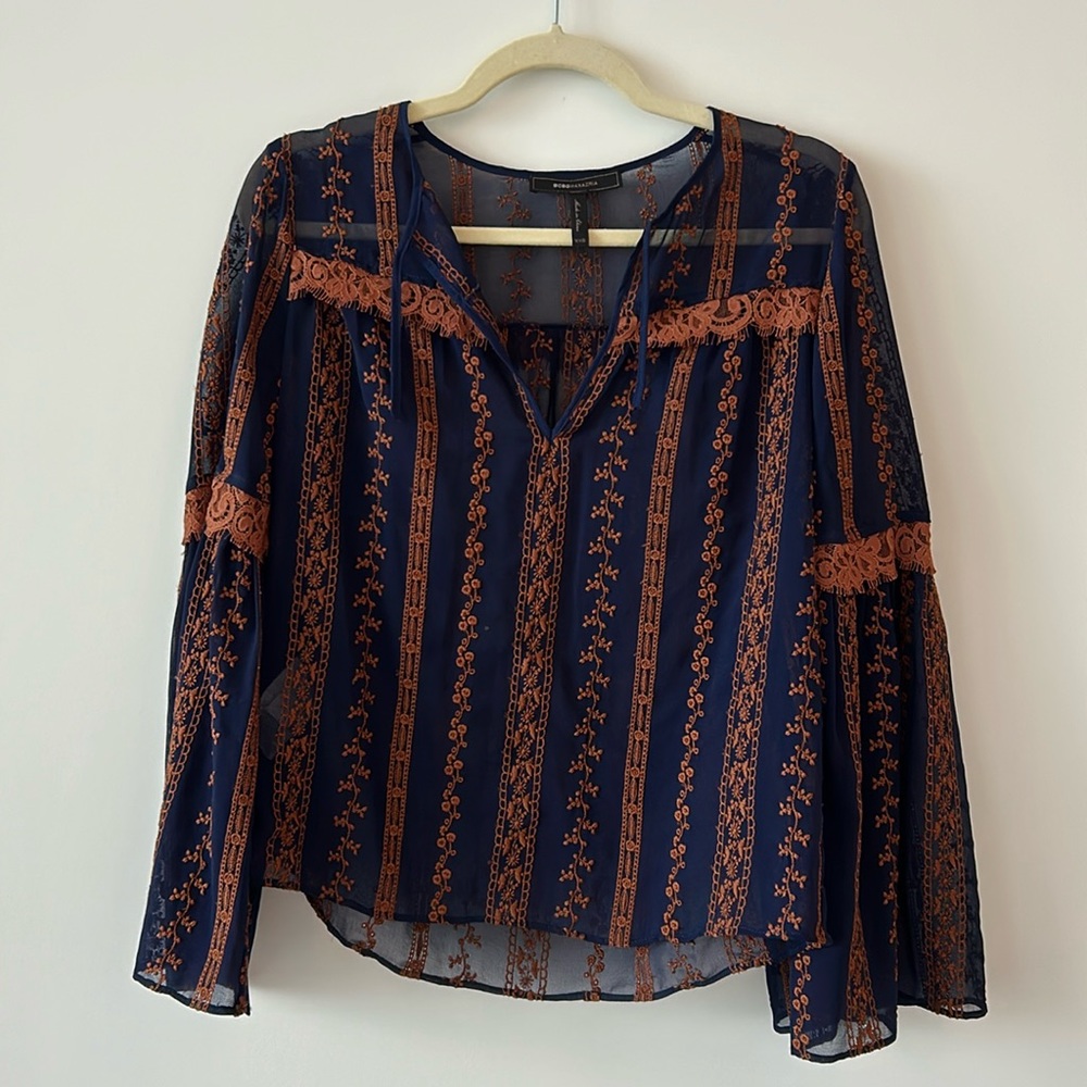 XXS BCBGmaxazria Navy and Brown Sheer Blouse